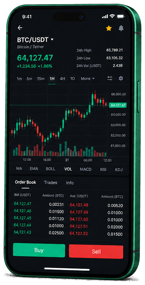Interface mobile de trading Swaptivence — cotations BTC/USDT en temps réel, carnet d’ordres et outils de suivi des opérations
